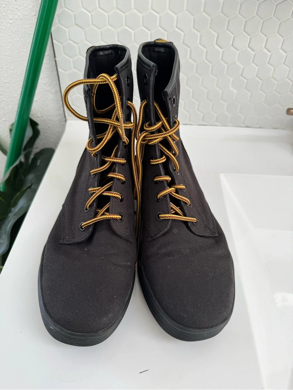 Dr. Martens Black Lace-Up Combat Boot with Yellow Heel Loop